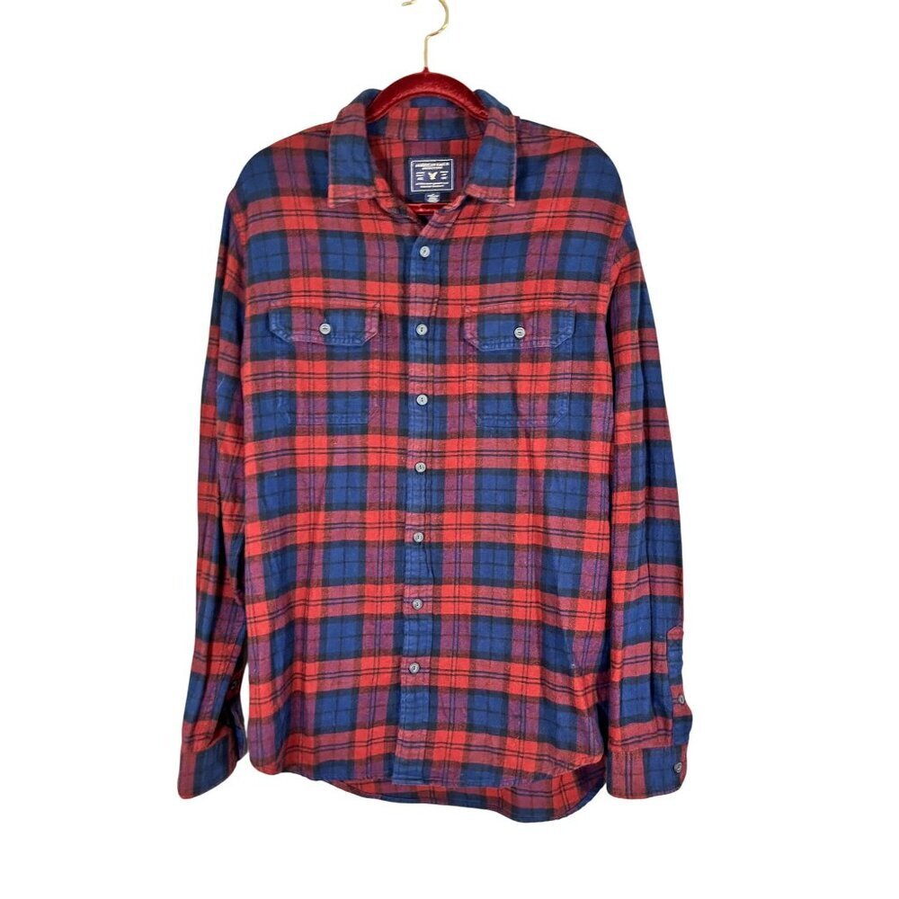 American Eagle Plaid Flannel Shirt LT Red Festive Holiday Classic Grunge Preppy